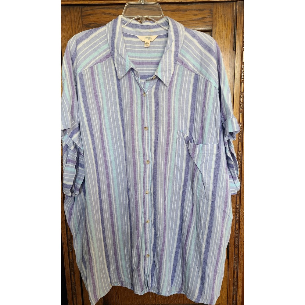 Terra & Sky Womens 4X Purple Blue Striped Linen Blend Utility Camp Shirt